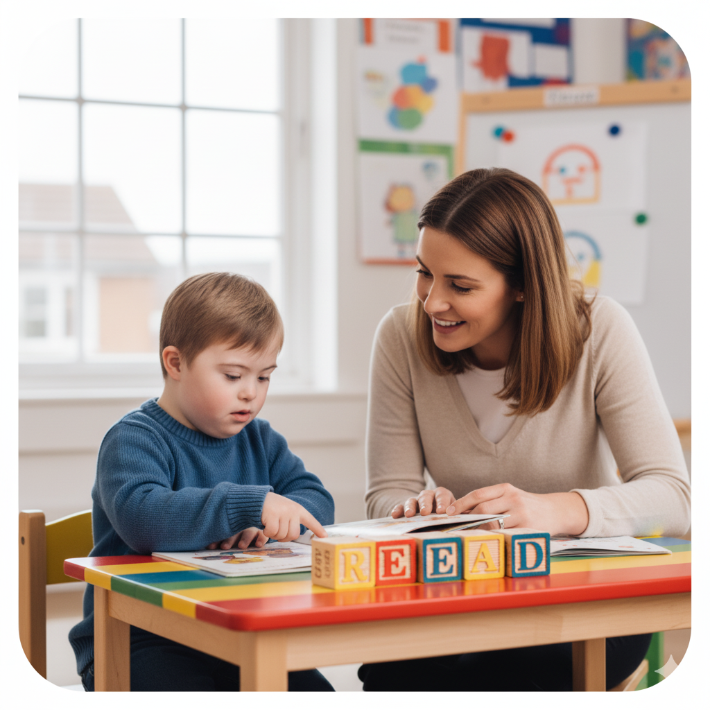 Child learning with teacher